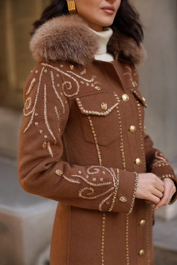 Long Embroidered Beaded Coat with Detachable Fox Collar in Dark/Light Camel