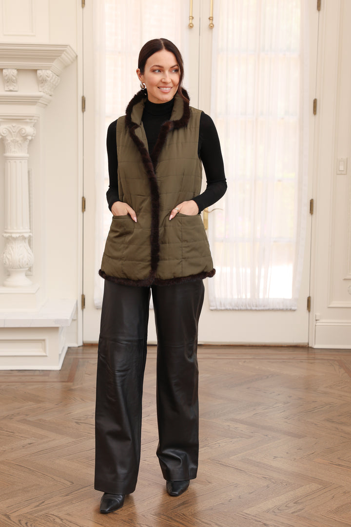 Quilted Vest with Mink in Olive/Brown