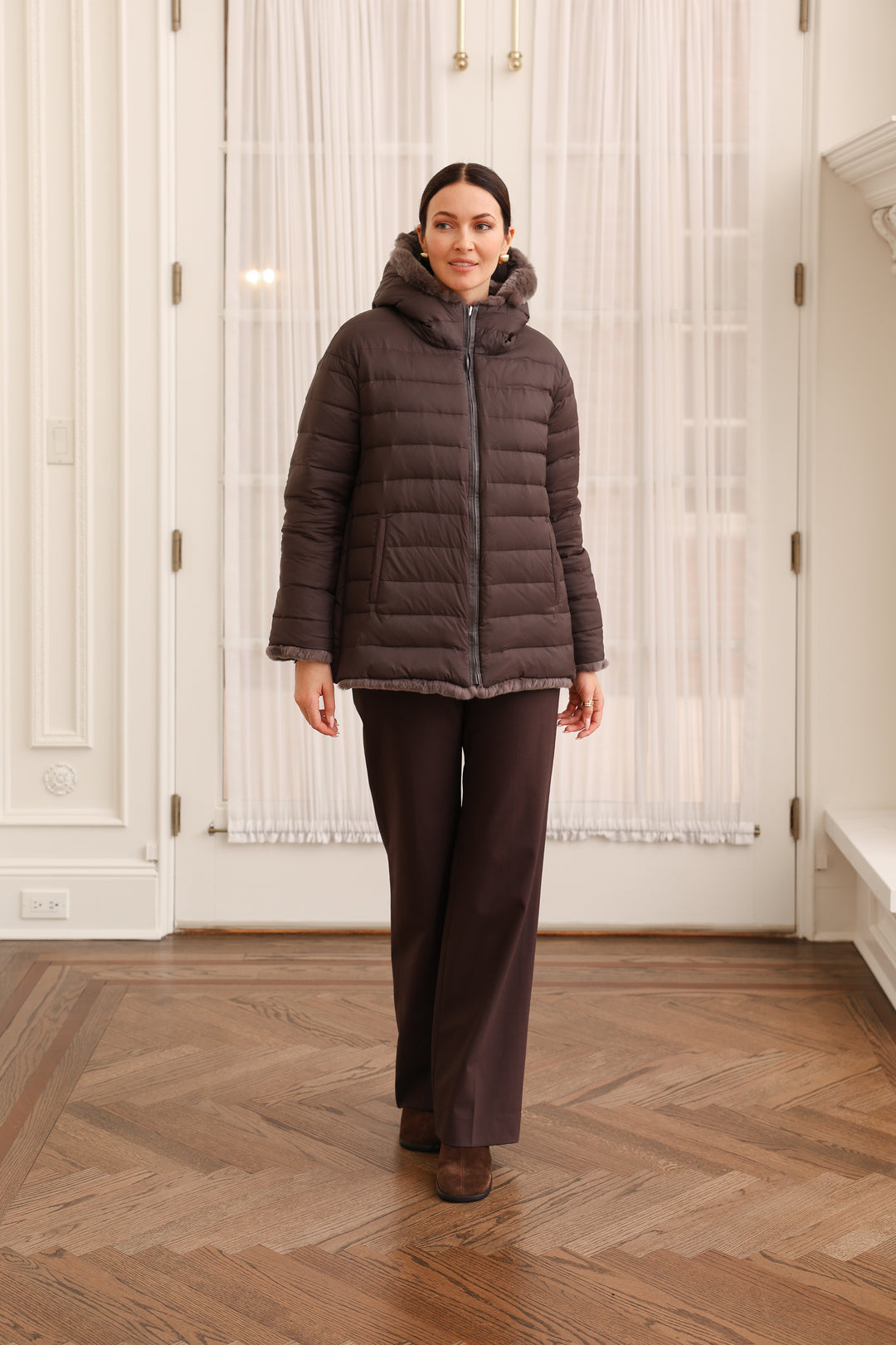 Reversible Hooded Coat Technical Fabric to Rex Rabbit Fur in Brown