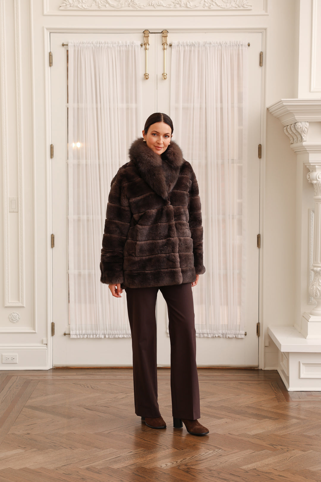 Reversible Hooded Coat Technical Fabric to Rex Rabbit Fur in Brown