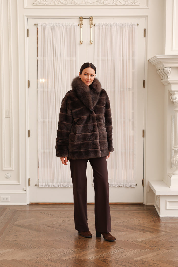 Reversible Hooded Coat Technical Fabric to Rex Rabbit Fur in Brown