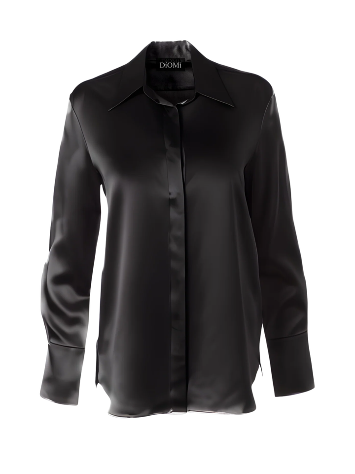 Full Cut Sateen Button Down Blouse In Black