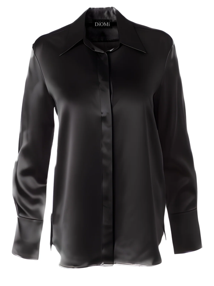 Full Cut Sateen Button Down Blouse In Black
