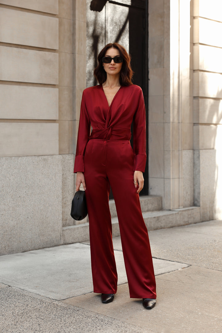 Silk Sateen Straight Leg Pants in Tibet Red