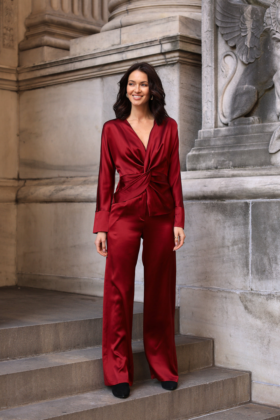 Silk Sateen Straight Leg Pants in Tibet Red
