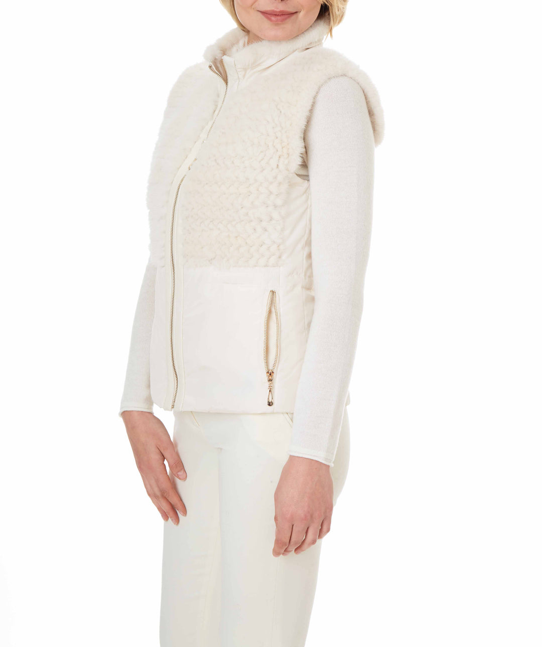 Nylon Vest With Knitted Mink Panel Ivory