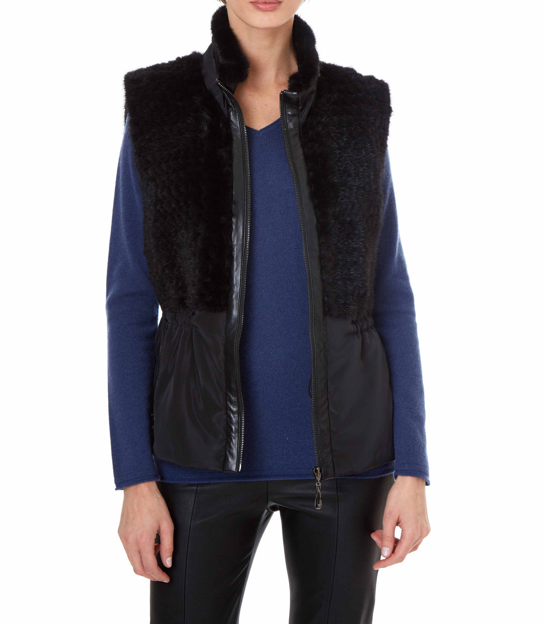 Nylon Vest With Knitted Mink Panel Black