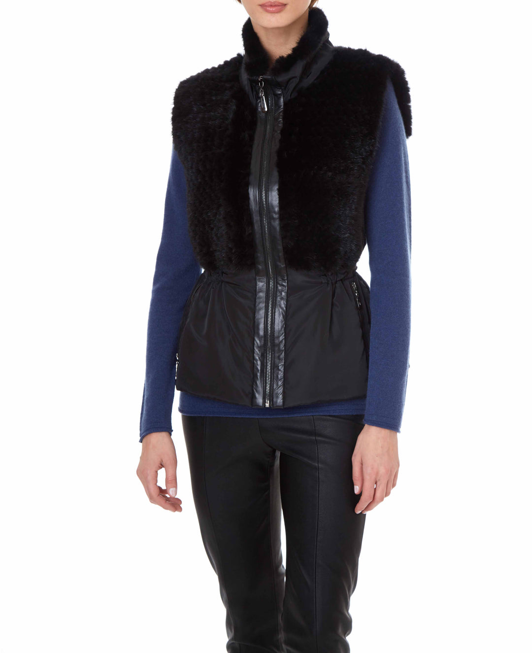 Nylon Vest With Knitted Mink Panel Black