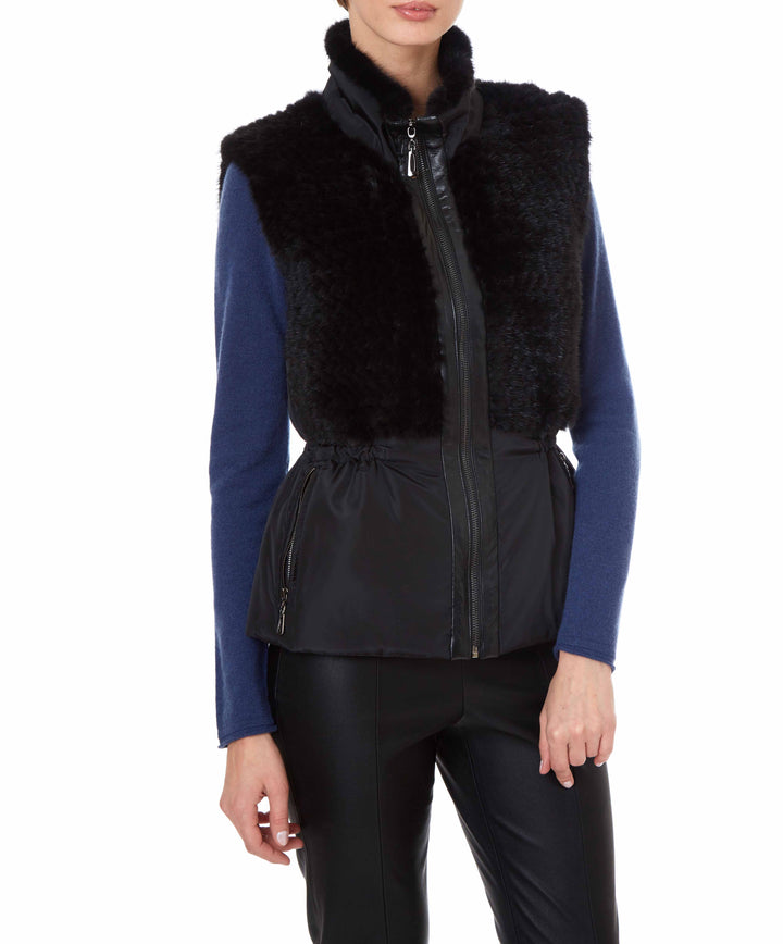 Nylon Vest With Knitted Mink Panel Black