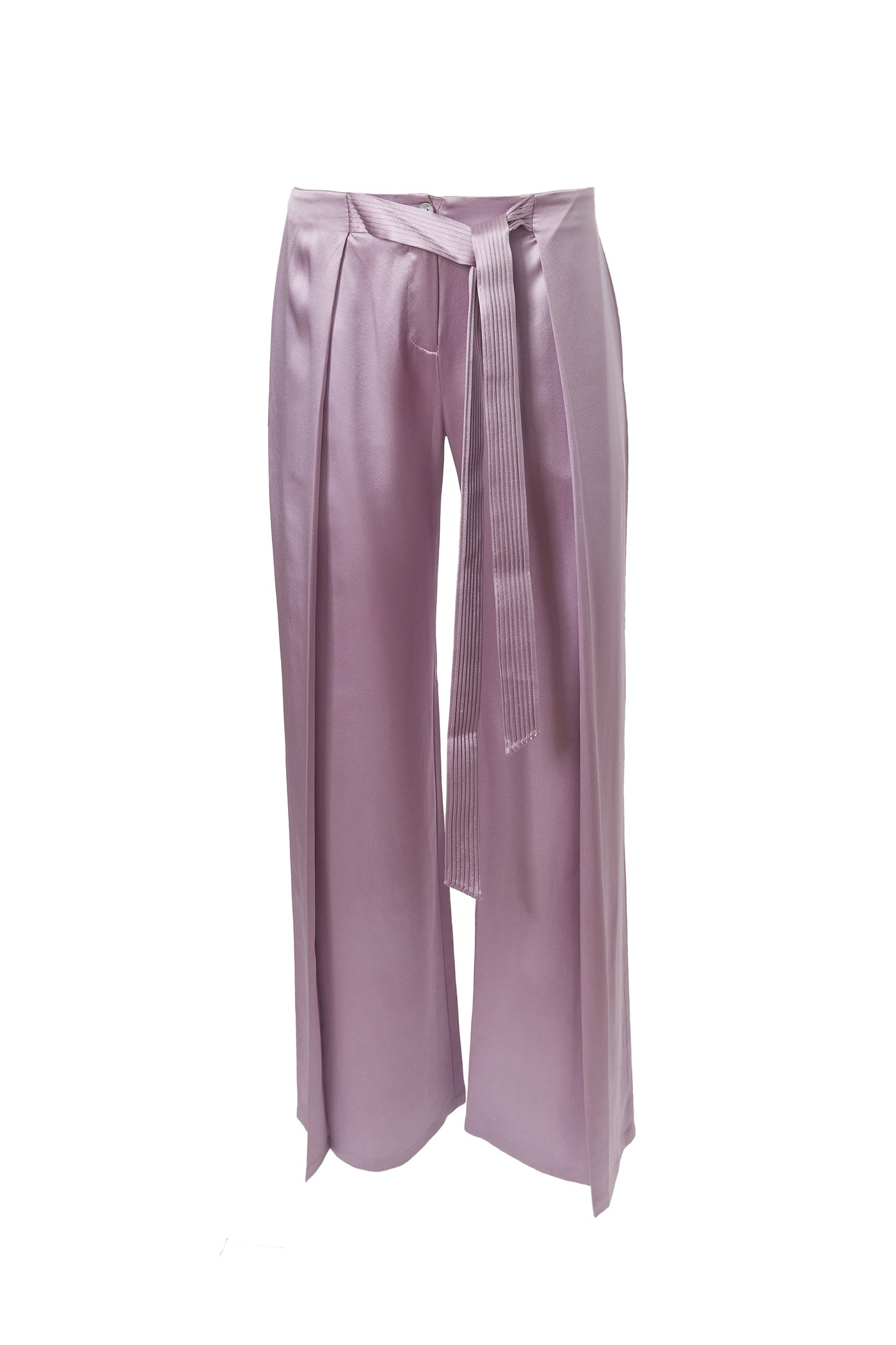 Flare Pleated Belted Pants In Snow Lilac