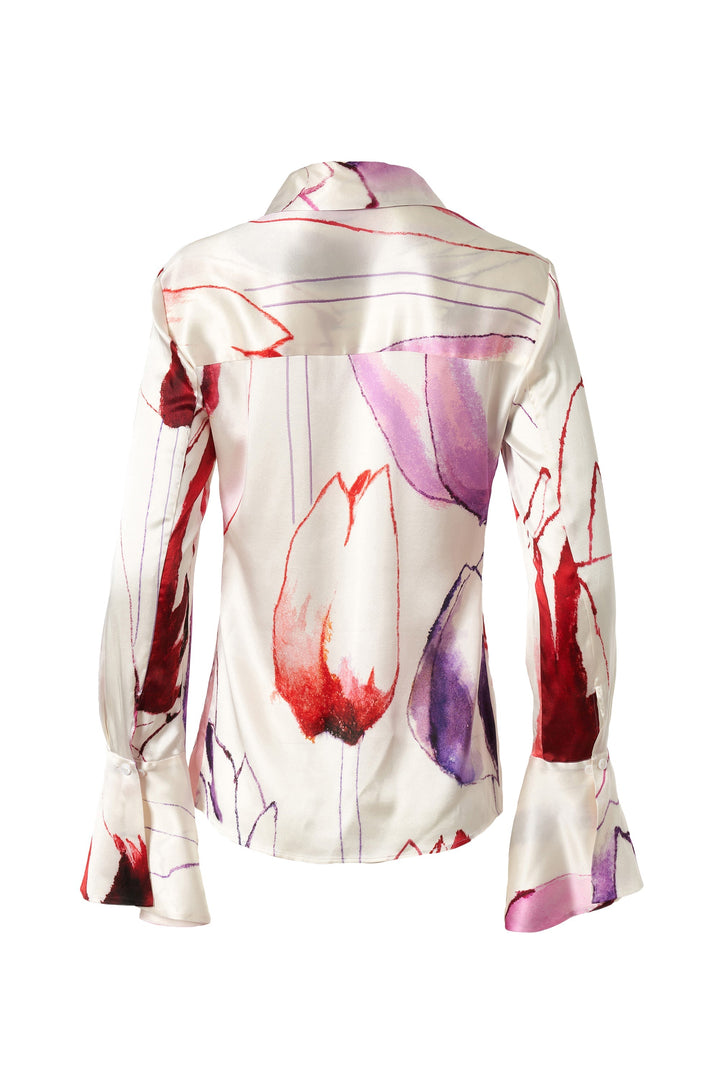 Silk Fitted Flare Bell Cuff Blouse in Tulip