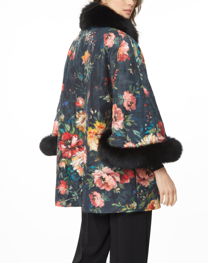 Silk Reversible Long Genuine Fur Coat Floral Black