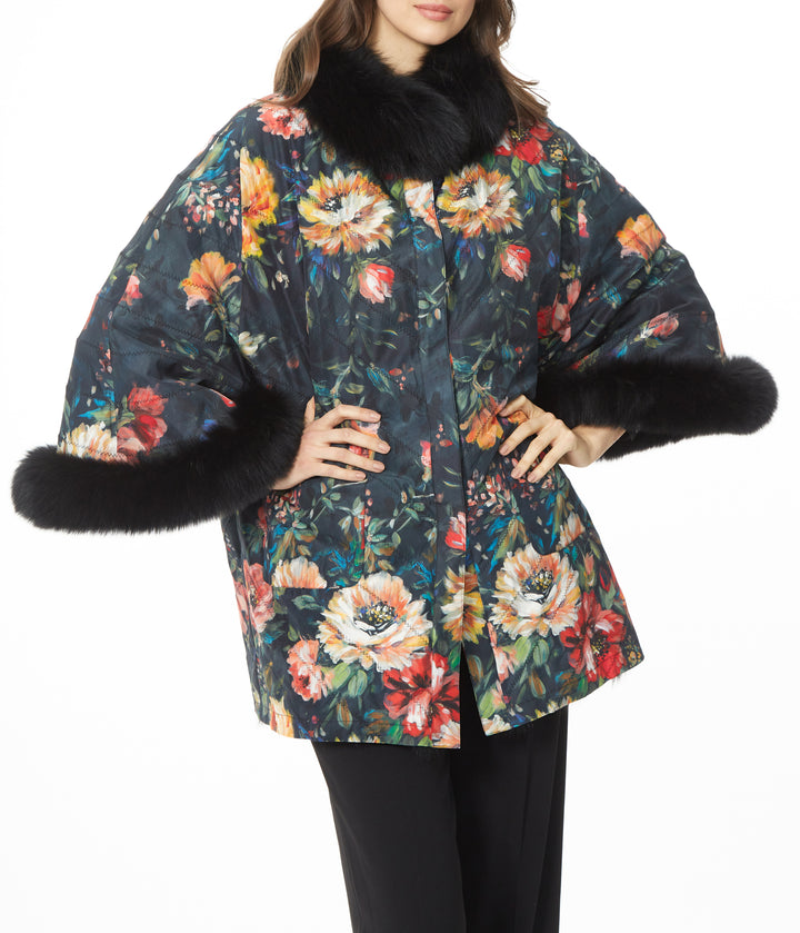 Silk Reversible Long Genuine Fur Coat Floral Black