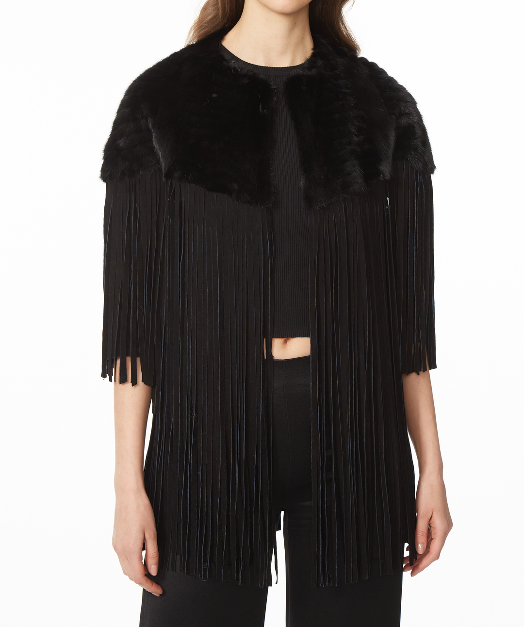 Mink And Suede Fringe Jacket Black