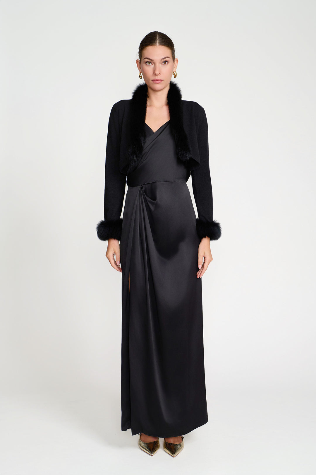 Cashmere Bolero with Fox Fur Trim Black DIOMI Cashmere Bolero with Fox Fur Trim Black DIOMI