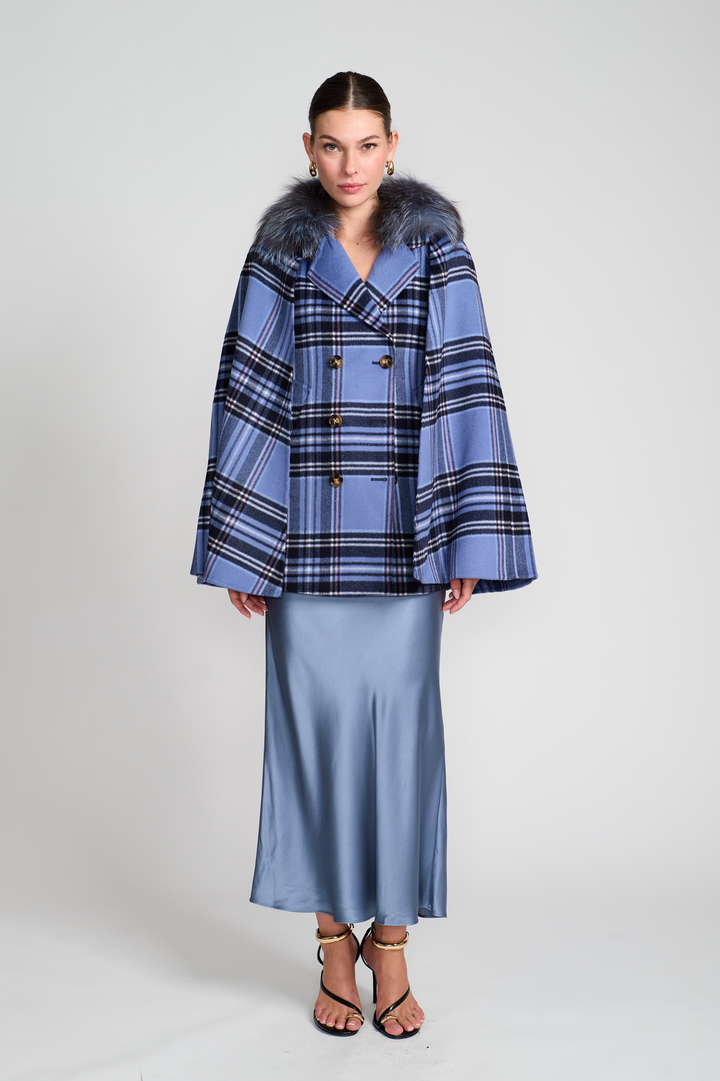 Vest With Detachable Cape and Fox Collar Blue