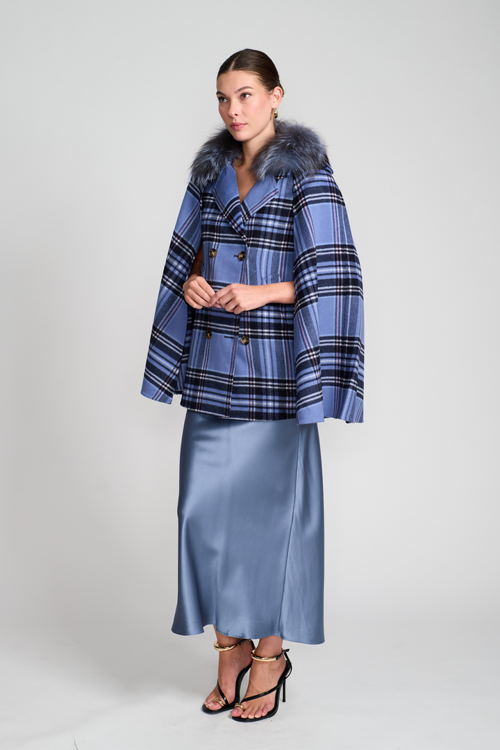 Vest With Detachable Cape and Fox Collar Blue