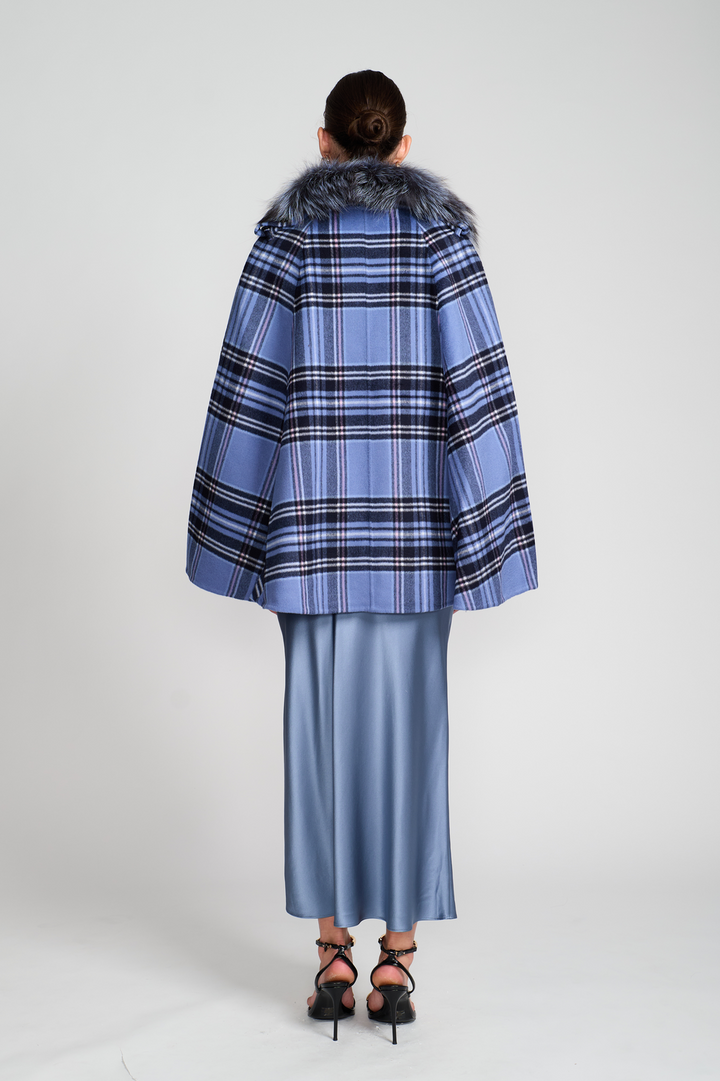 Vest With Detachable Cape and Fox Collar Blue