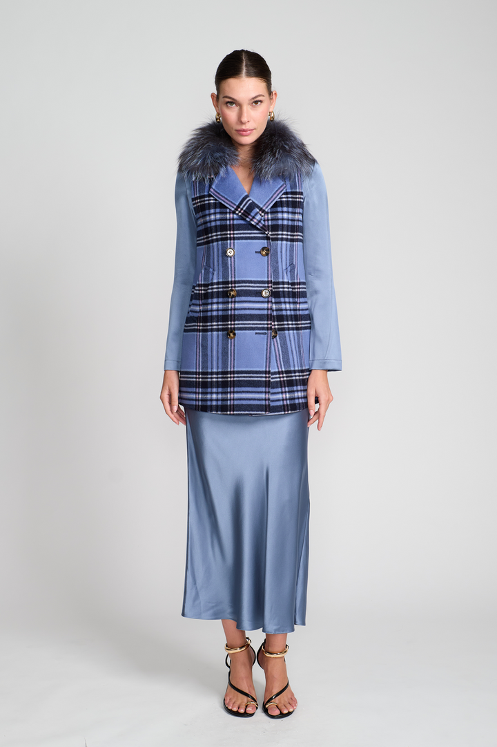 Vest With Detachable Cape and Fox Collar Blue