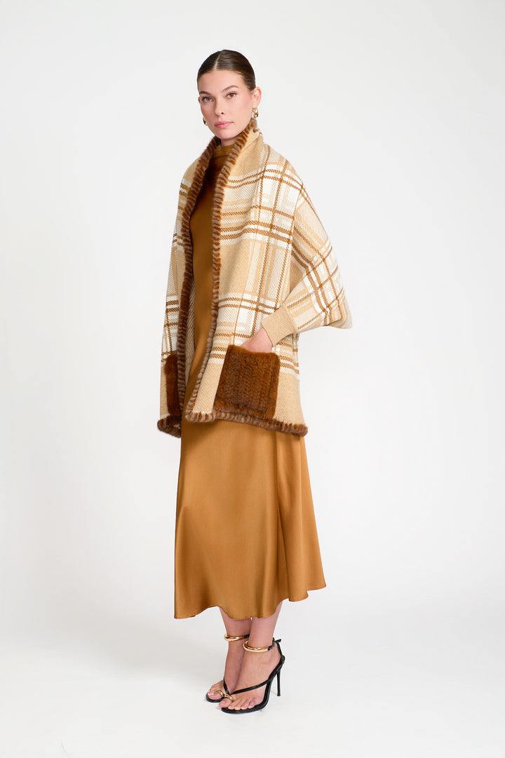 Plaid Shrug with Mink Fur Beige Tan