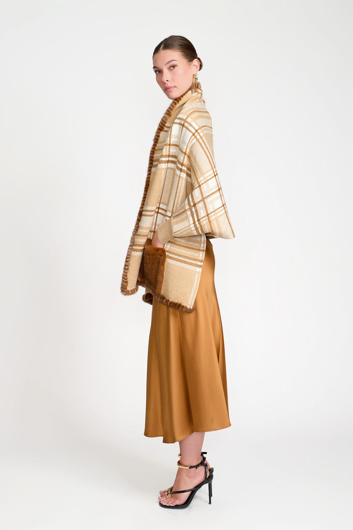 Plaid Shrug with Mink Fur Beige Tan
