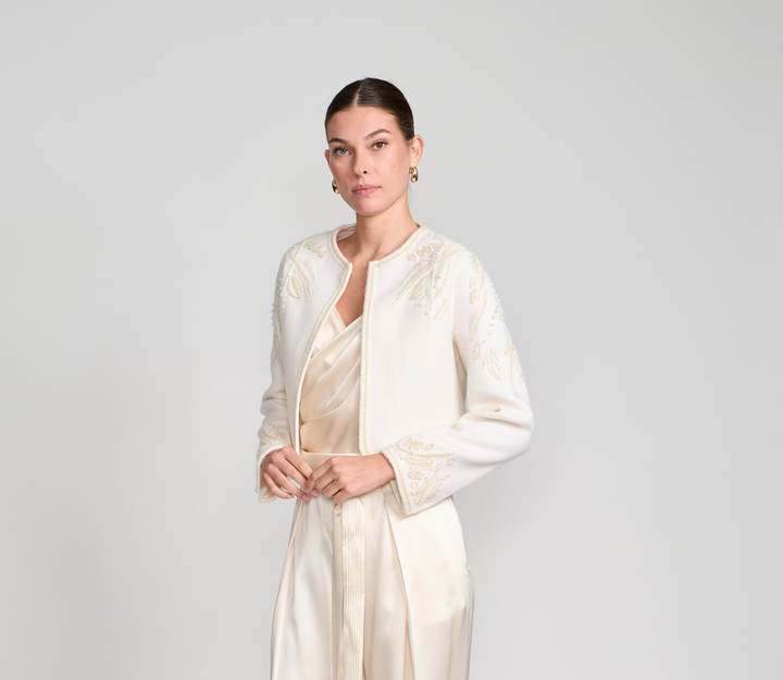 Embroidered Cropped Wool Jacket In Ivory