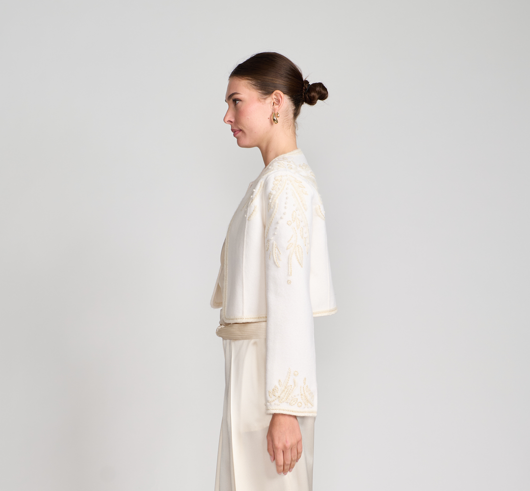 Embroidered Cropped Wool Jacket In Ivory