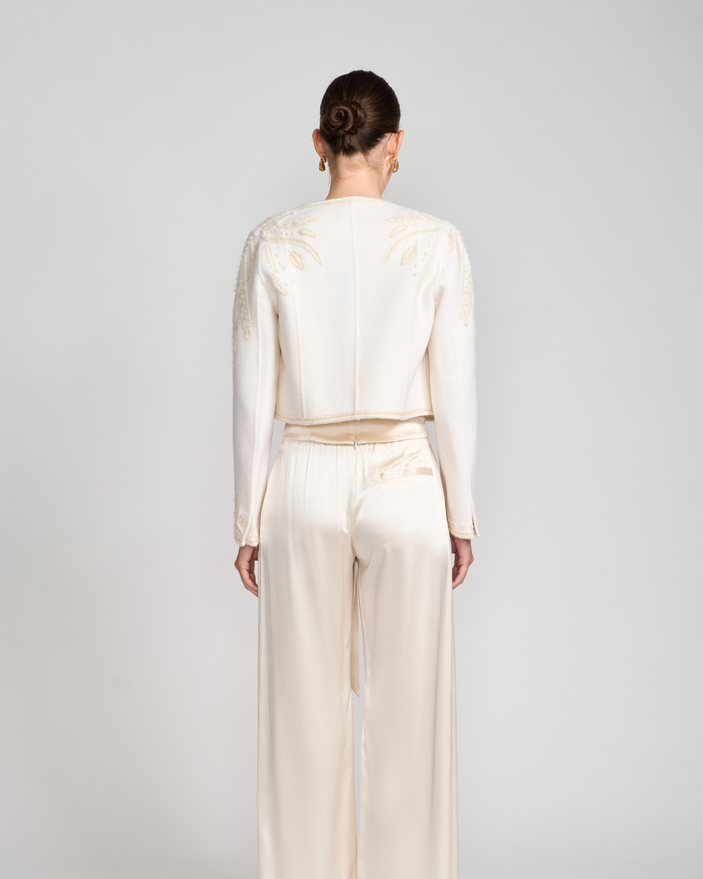 Embroidered Cropped Wool Jacket In Ivory
