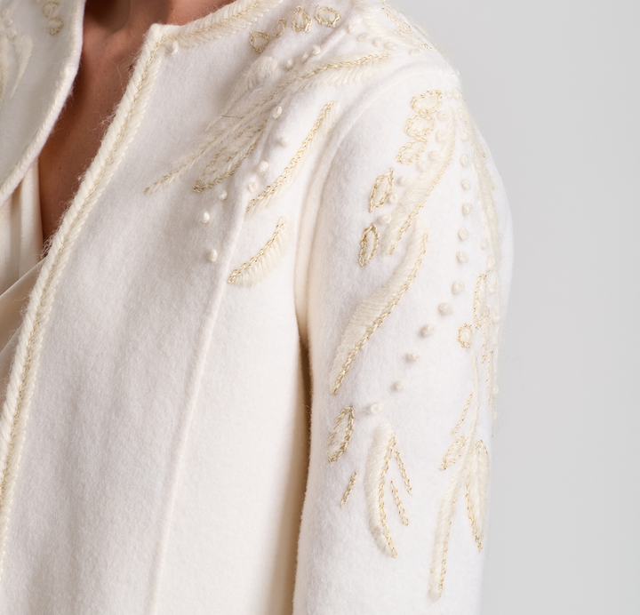 Embroidered Cropped Wool Jacket In Ivory