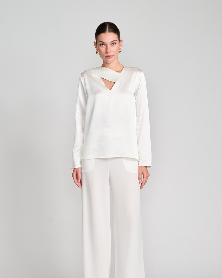 Sateen Silk Signature Cross Blouse in White