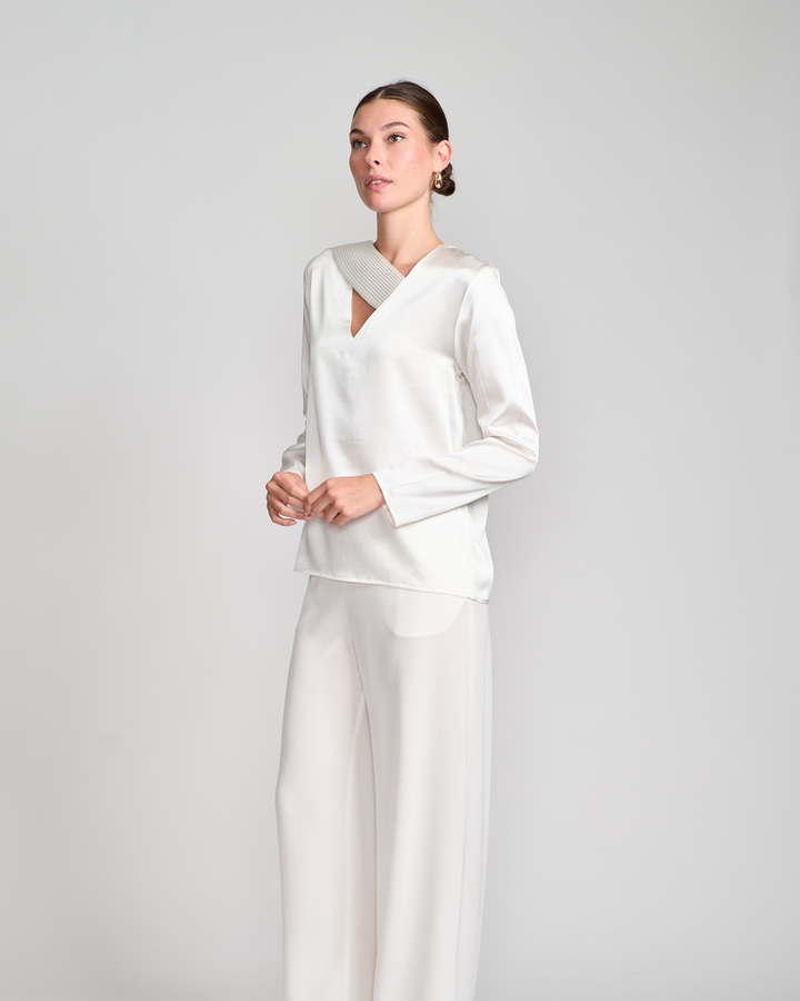 Sateen Silk Signature Cross Blouse in White