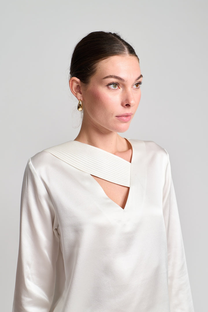 Sateen Silk Signature Cross Blouse in White