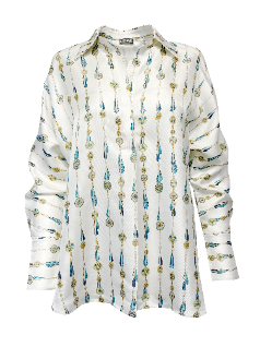 Silk Half Button Down Shirt White Fringe Print