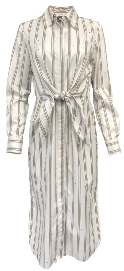 Tie Front Button Down Shirt Dress in Rigato Stone