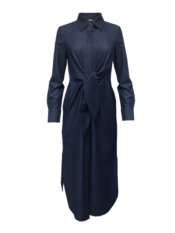 Long Sleeve Tie Front Shirt Dress Indigo Denim