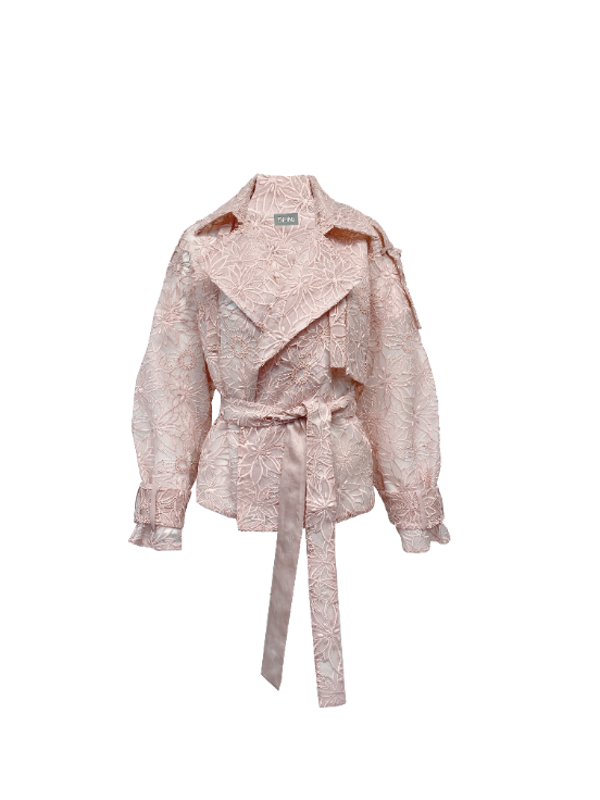 Short Floral Lace Trench Jacket in Blush Lace