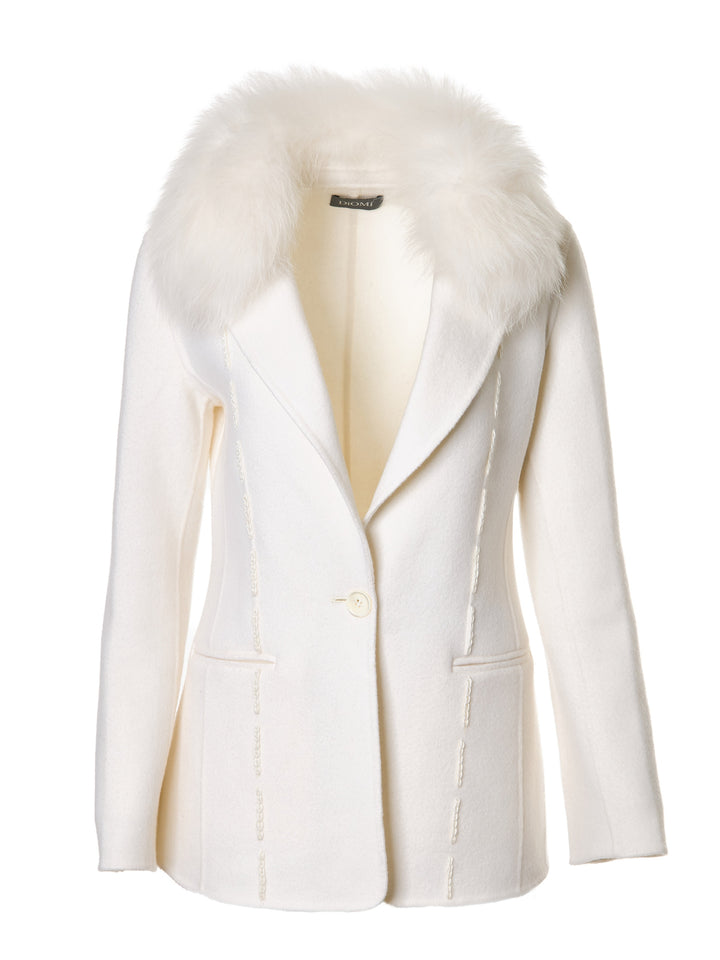 Double Face Wool Blazer With Fox Collar Ivory