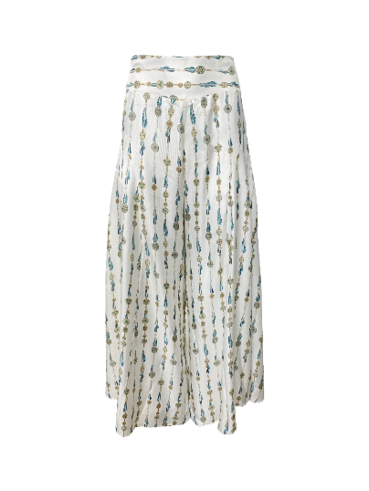 Silk Palazzo Wide Leg Pants in White Fringe Print