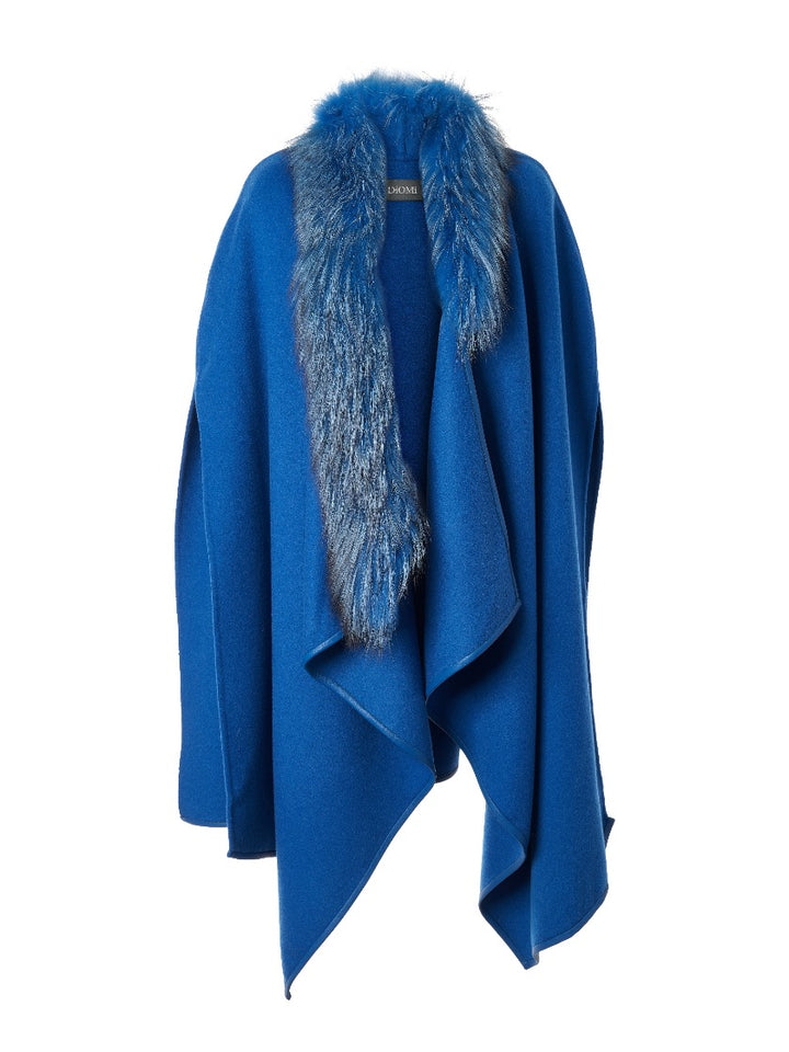 Asymmetric Wool Cape with Fur Collar Cobalt