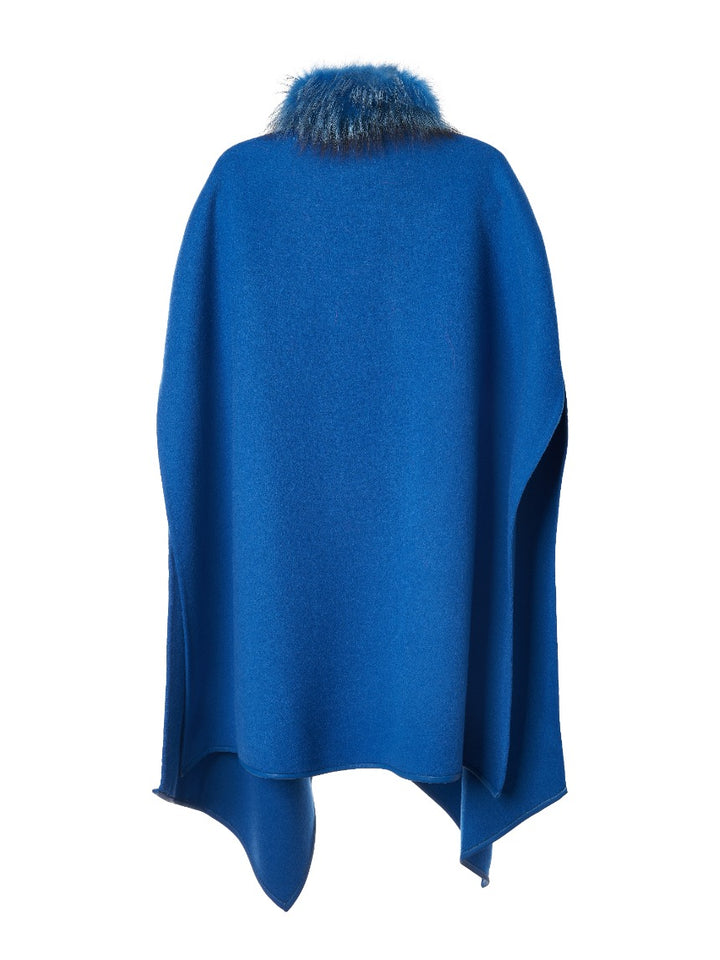 Asymmetric Wool Cape with Fur Collar Cobalt