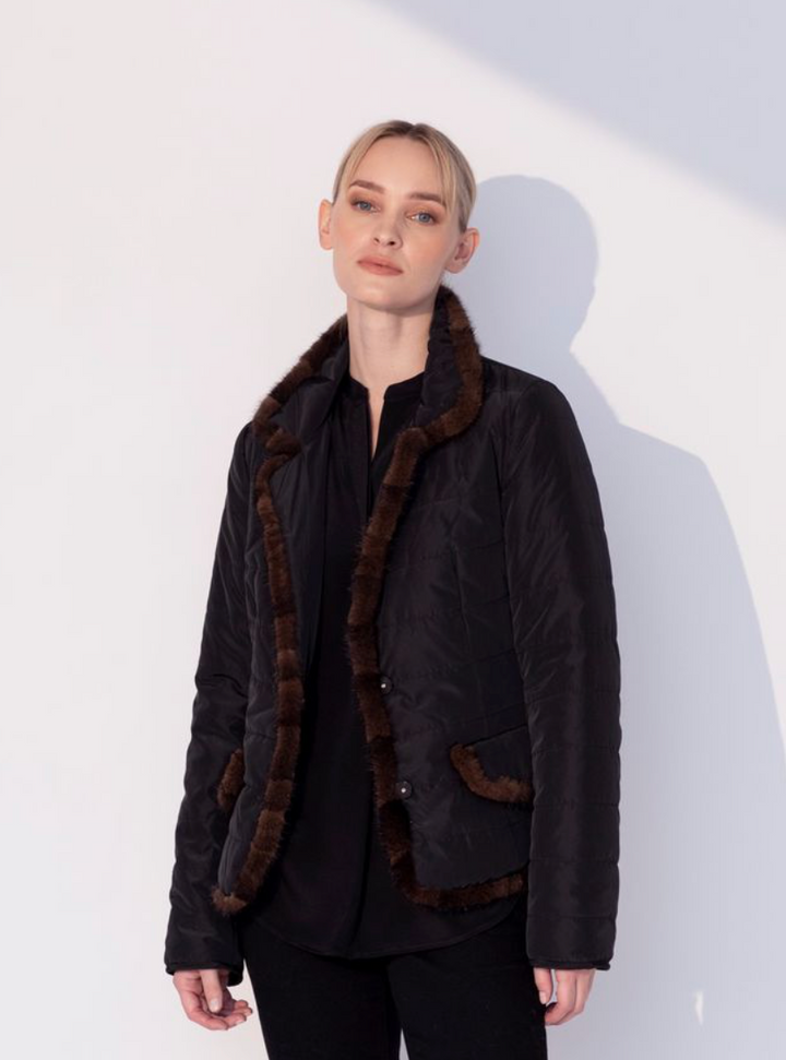 Notch Collar Quilted Jacket with Mink Trim Black/Brown