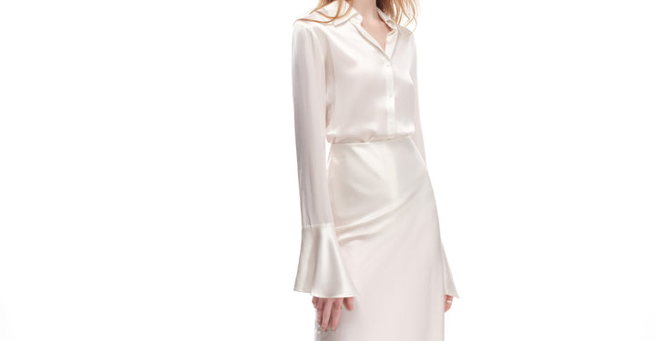 Silk Fitted Flare Bell Cuff Blouse in White