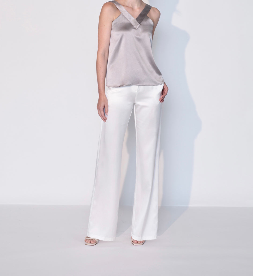Silk Plunging V Neck Tank Top in Stone Grey