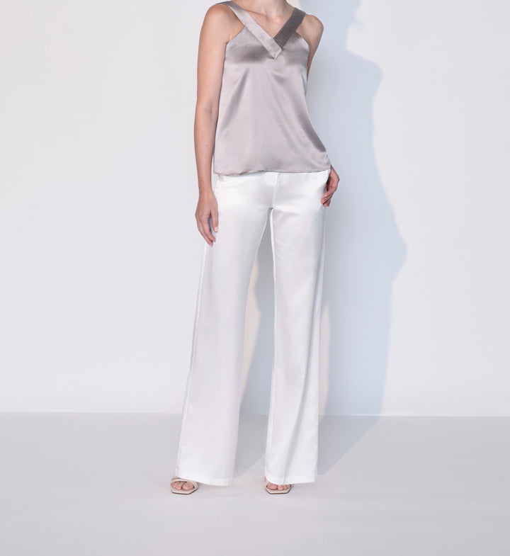 Silk Plunging V Neck Tank Top in Stone Grey