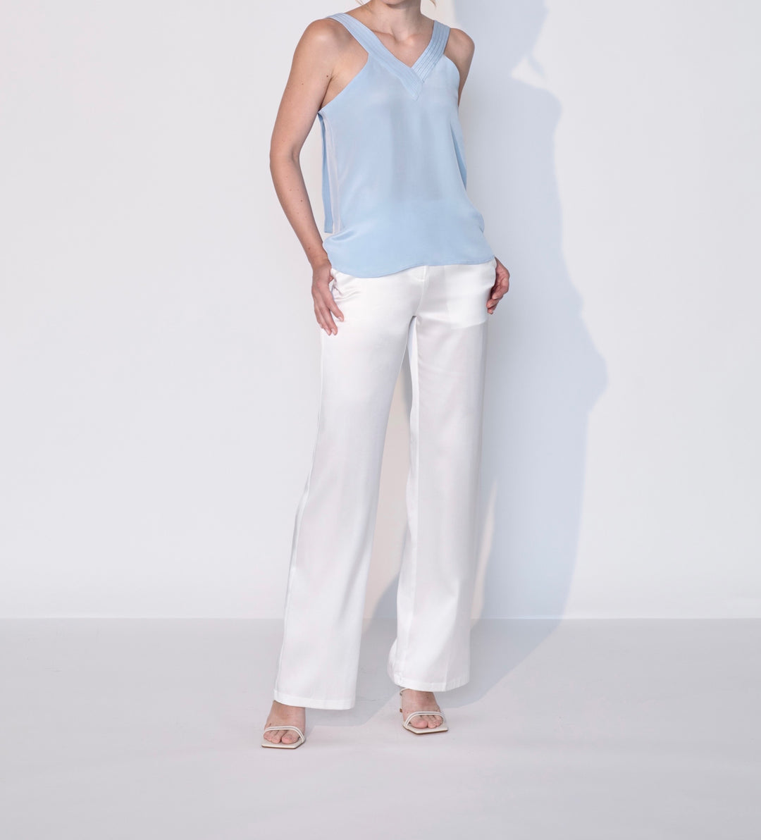 Silk Plunging V Neck Tank Top in Atlantic Blue