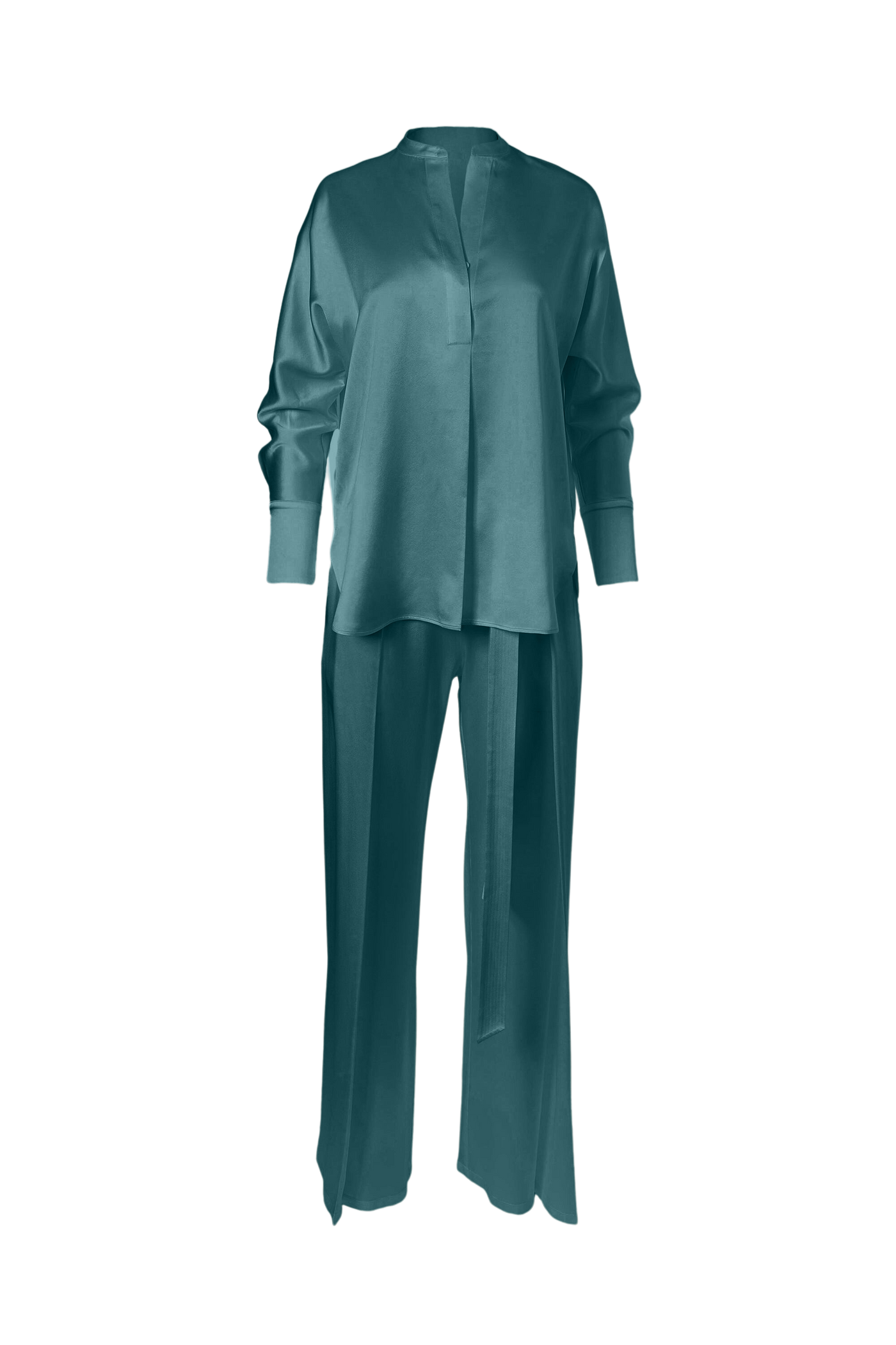 Crepe Band Collar Blouse In Forest Green