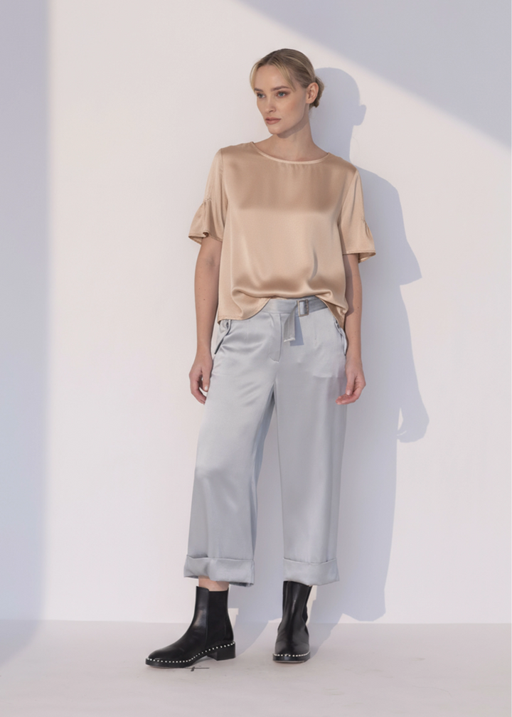 Boat Neck Silk Pleated Blouse in Champagne