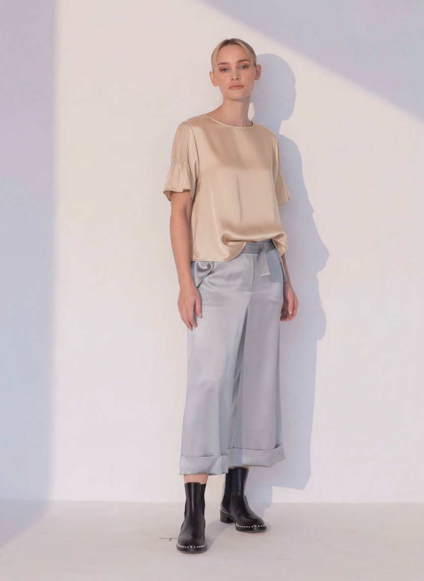 Boat Neck Silk Pleated Blouse in Champagne