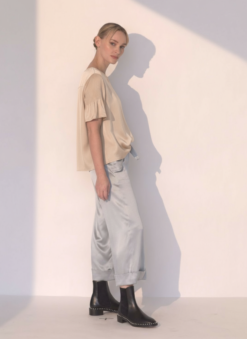 Boat Neck Silk Pleated Blouse in Champagne