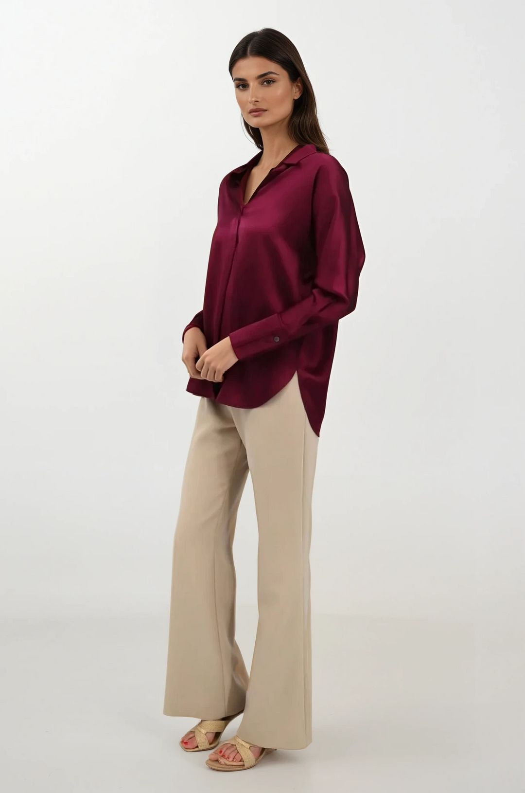 Silk Half Button Down Shirt In Coral